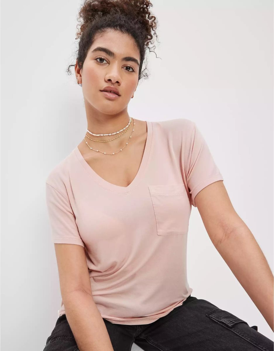 T Shirts American Eagle AE Soft & Sexy V-Neck Pocket Tee Rose Femme | UUJ-51862855